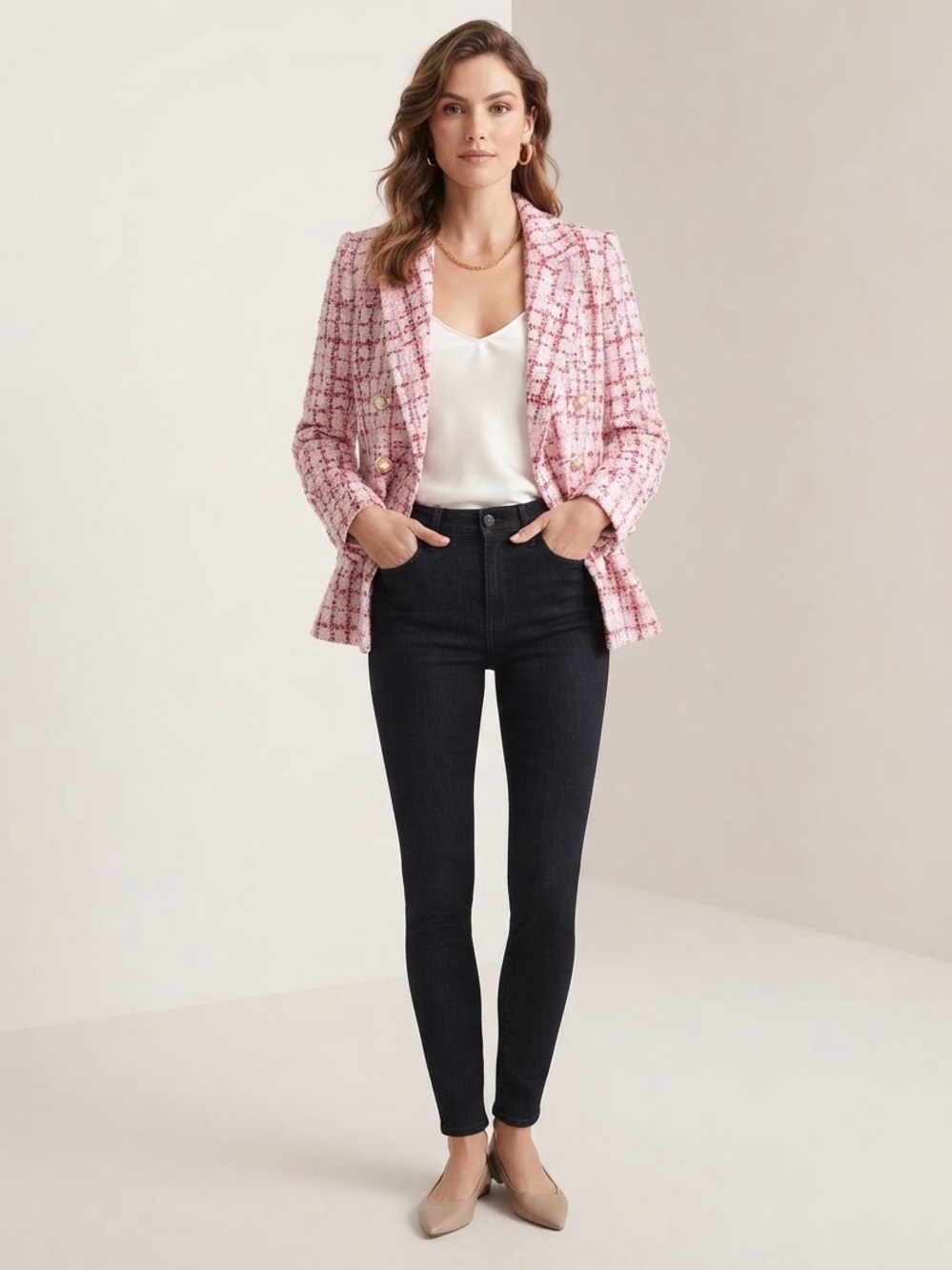 Nanette Nanette Lepore Pink White Tweed Pearl Button Blazer Jacket Size Small